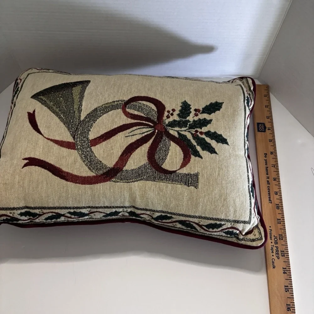 Tapestry  Pillow Christmas French Horn Holly 16 x 12 Lot Of 3 Table Runner 13x70